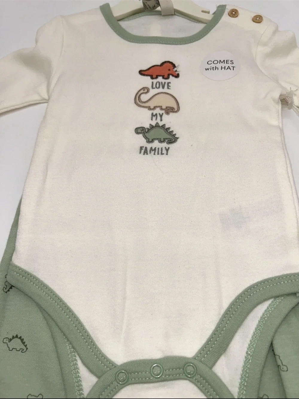 Chickpea Organic 6-9M 3pc Cream & Sage Dinosaur One-Piece Set